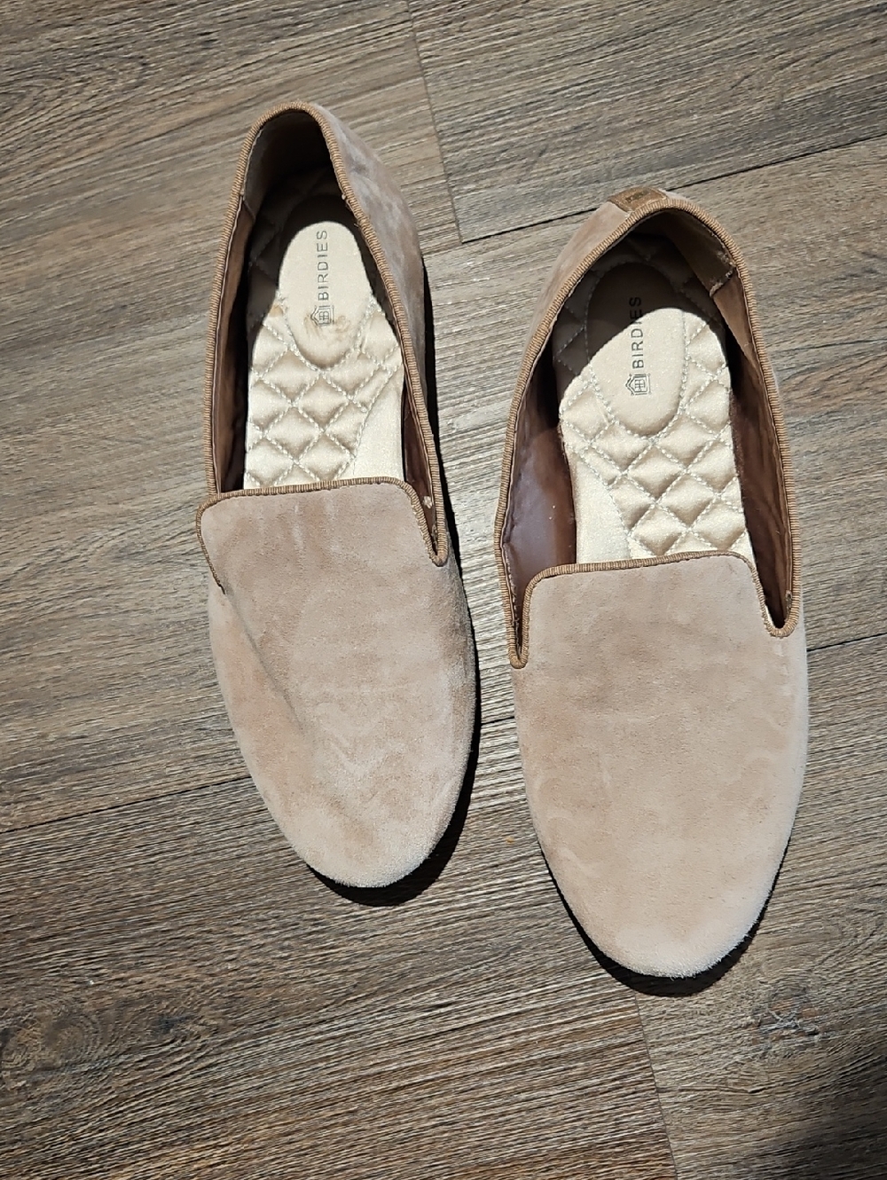 Birdies The Starling Taupe Neutral Suede Almond Toe Slip-On Loafers, Sz 8.5